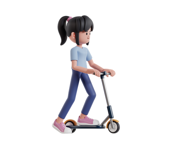 Fille joyeuse conduisant un scooter dans une atmosphère joyeuse  3D Illustration