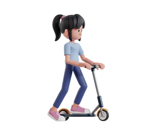 Fille joyeuse conduisant un scooter dans une atmosphère joyeuse  3D Illustration