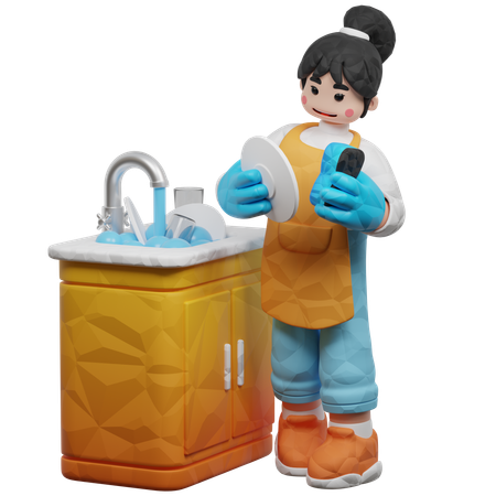 Fille faisant la vaisselle dans la cuisine  3D Icon