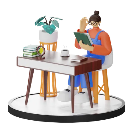 Fille lisant un livre  3D Illustration