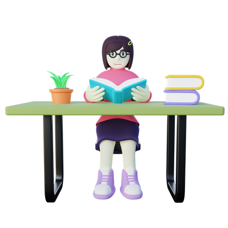 Fille lisant un livre  3D Illustration