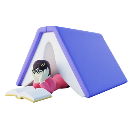 Fille lisant un livre sur un livre en forme de tente  3D Illustration