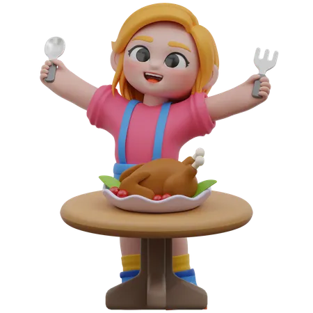 Fille mangeant du poulet rôti  3D Illustration