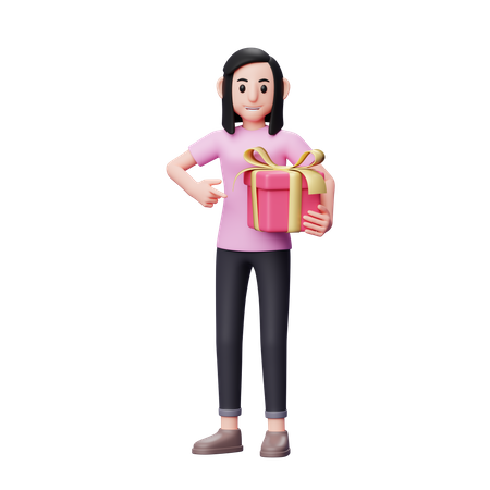 Fille montrant le cadeau qu'il a apporté avec sa main gauche pour le donner à son petit ami  3D Icon