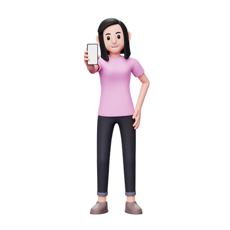 Fille montrant l'écran du téléphone  3D Illustration