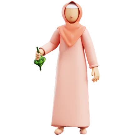 Fille musulmane avec ketupat  3D Illustration