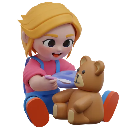 Fille nourrissant un ours en peluche  3D Illustration