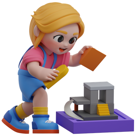 Fille arrangeant des blocs  3D Illustration