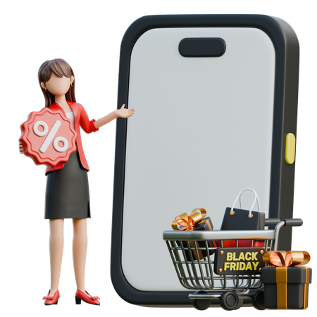 Une fille ouvre avec enthousiasme une application de shopping  3D Illustration