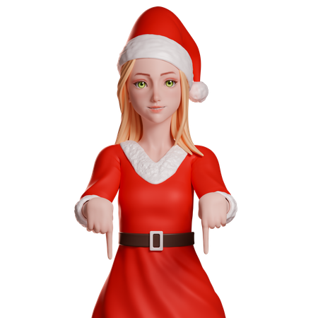 Fille du Père Noël pointant vers le bas  3D Illustration