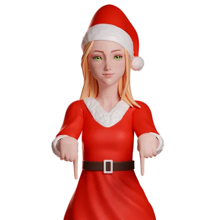 Fille du Père Noël pointant vers le bas  3D Illustration