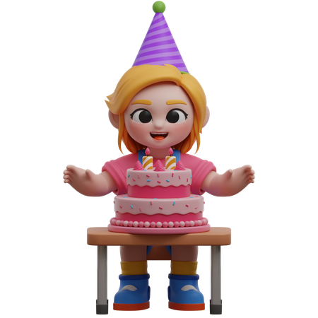 Personnage de fille avec un gâteau d'anniversaire  3D Illustration