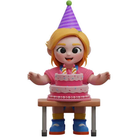 Personnage de fille avec un gâteau d'anniversaire  3D Illustration