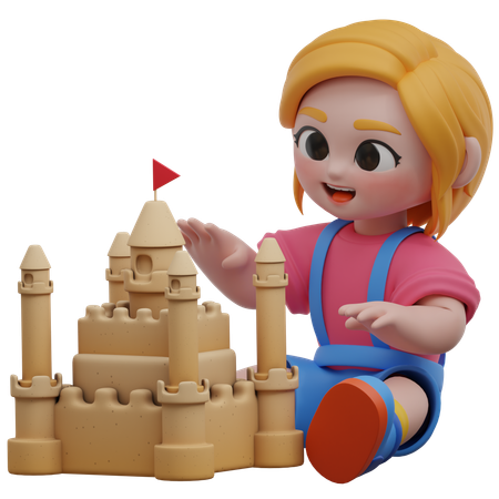 Personnage de fille construisant un château de sable  3D Illustration