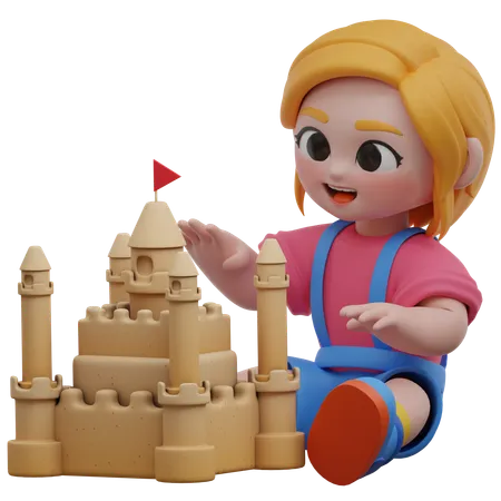 Personnage de fille construisant un château de sable  3D Illustration