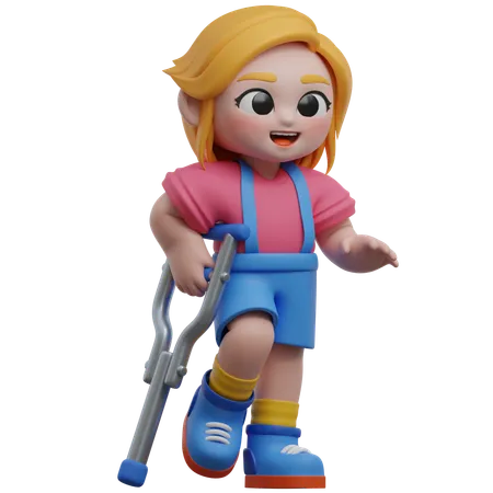 Personnage féminin marchant avec des béquilles  3D Illustration