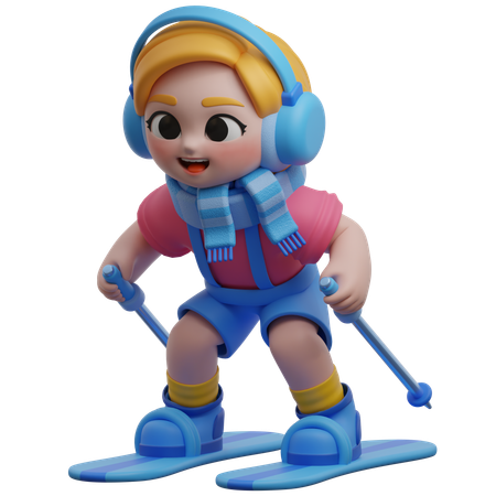 Personnage de fille faisant du ski avec des écouteurs  3D Illustration