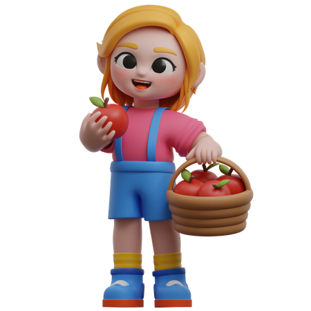 Personnage de fille tenant un panier de pommes  3D Illustration