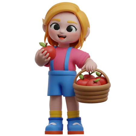 Personnage de fille tenant un panier de pommes  3D Illustration