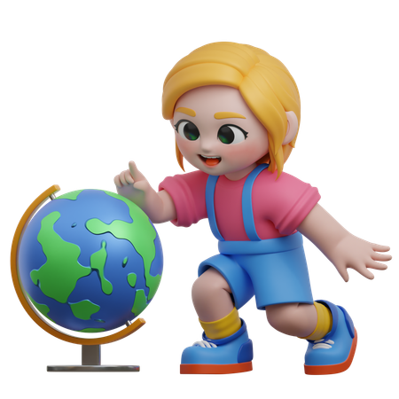 Fille pointant vers le globe  3D Illustration