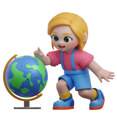 Fille pointant vers le globe  3D Illustration