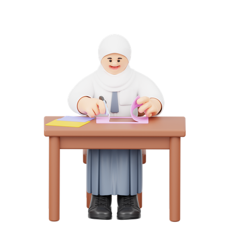 Une fille en hijab travaille à l'école  3D Illustration