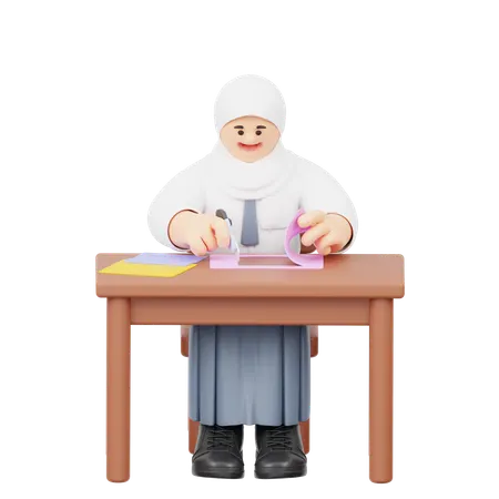 Une fille en hijab travaille à l'école  3D Illustration