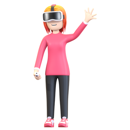 Fille portant un casque de réalité virtuelle et agitant la main  3D Illustration