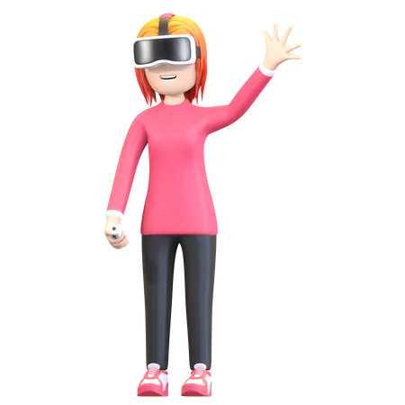 Fille portant un casque de réalité virtuelle et agitant la main  3D Illustration