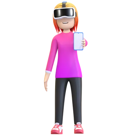 Fille portant un casque de réalité virtuelle et tenant un smartphone  3D Illustration