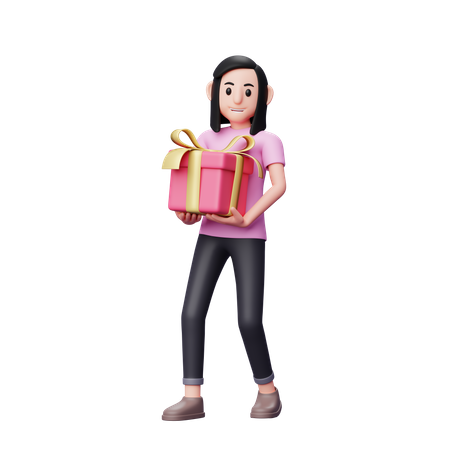 Fille portant un gros cadeau de Saint-Valentin à deux mains  3D Illustration