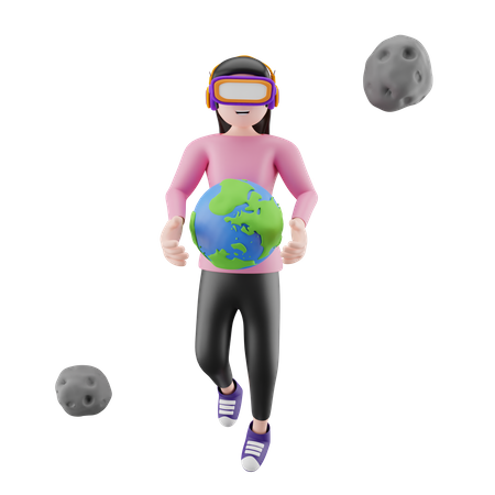 Fille appréciant le méta-monde à l'aide d'un casque  3D Illustration