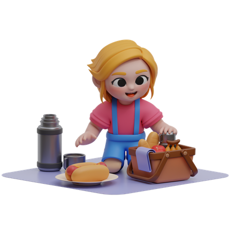 Fille profitant d'un pique-nique avec de la nourriture  3D Illustration