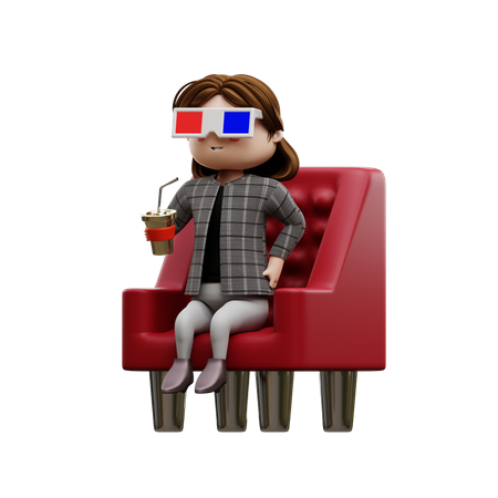 Fille regardant un film et dégustant une boisson gazeuse  3D Illustration