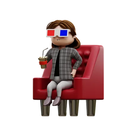Fille regardant un film et dégustant une boisson gazeuse  3D Illustration