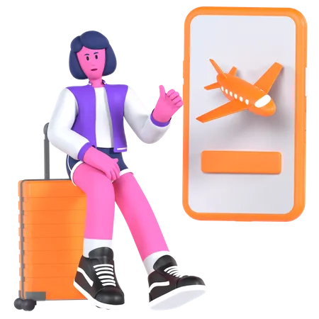 Fille réservant un billet d'avion en ligne  3D Illustration