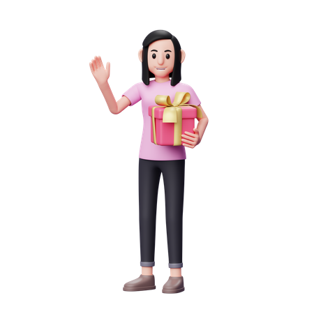 Fille saluant dire bonjour et tenant un cadeau rose  3D Illustration