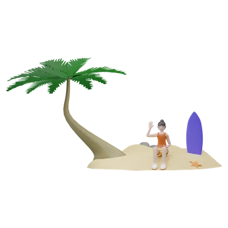 Fille relaxante sur la plage  3D Illustration