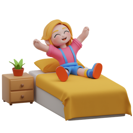 Fille se réveille au lit  3D Illustration