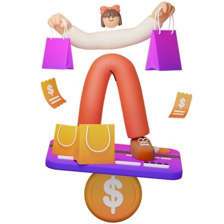 Shopping Girl avec des achats en ligne en équilibre  3D Icon