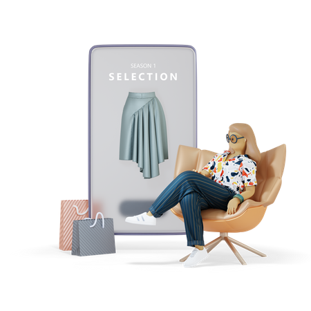 Fille faisant du shopping via une application pour smartphone  3D Illustration