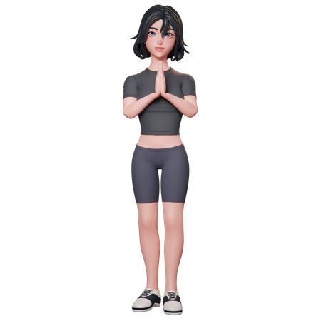 Fille sportive en noir montrant les mains jointes, geste Namaste  3D Illustration