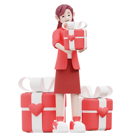 Fille tenant un cadeau de saint valentin  3D Illustration