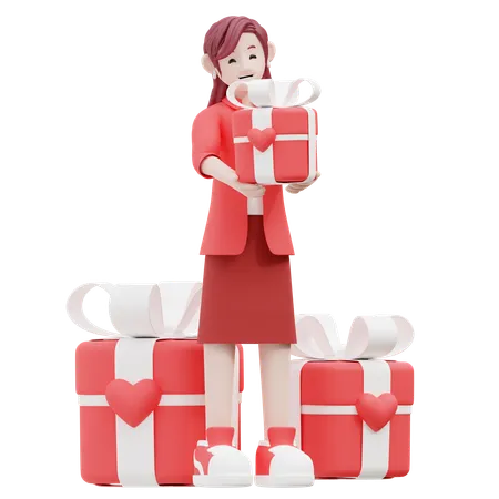 Fille tenant un cadeau de saint valentin  3D Illustration