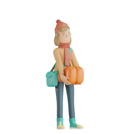 Fille tenant une citrouille  3D Illustration