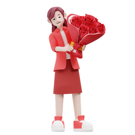 Fille Tenant Un Bouquet De Fleurs  3D Illustration