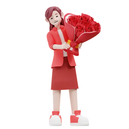 Fille Tenant Un Bouquet De Fleurs  3D Illustration