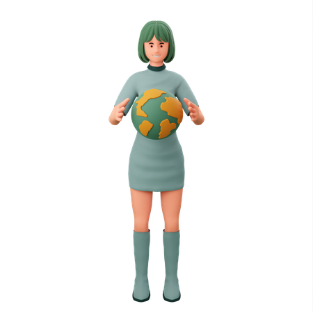 Fille tenant un globe dans sa main  3D Illustration