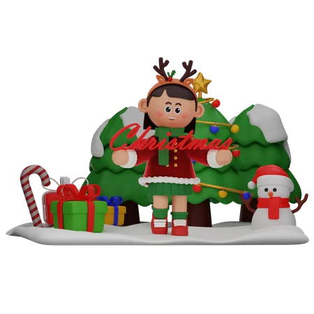 Fille tenant un gros texte de Noël  3D Illustration