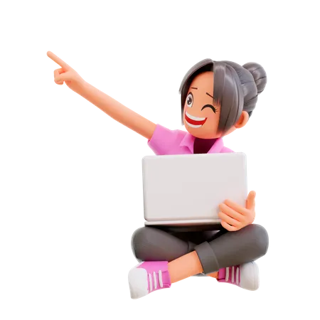 Une fille tient un ordinateur portable et pointe vers le haut  3D Illustration